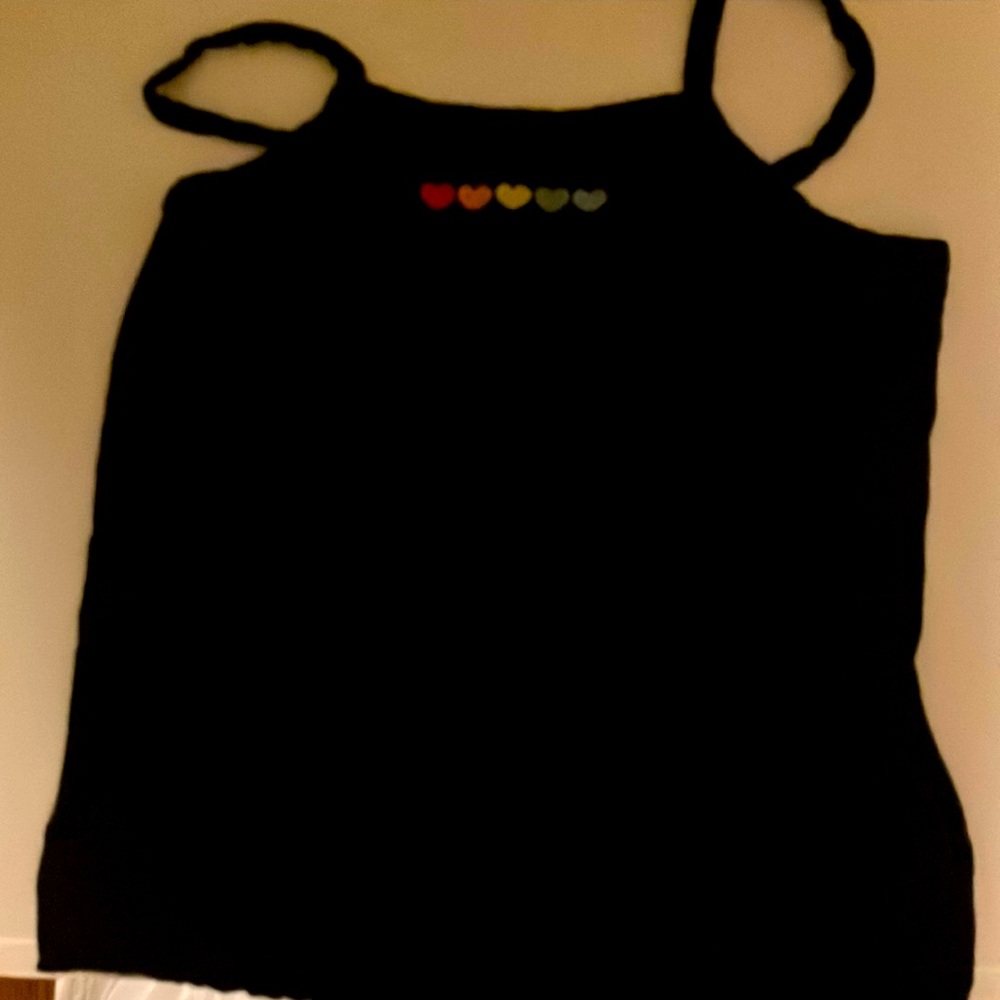 Black tank top with colorful hearts size small.